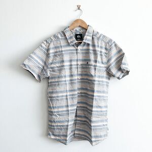 Quiksilver Mens Regular Button Down Shirt Short Sleeve Stripes Peach Blue Large
